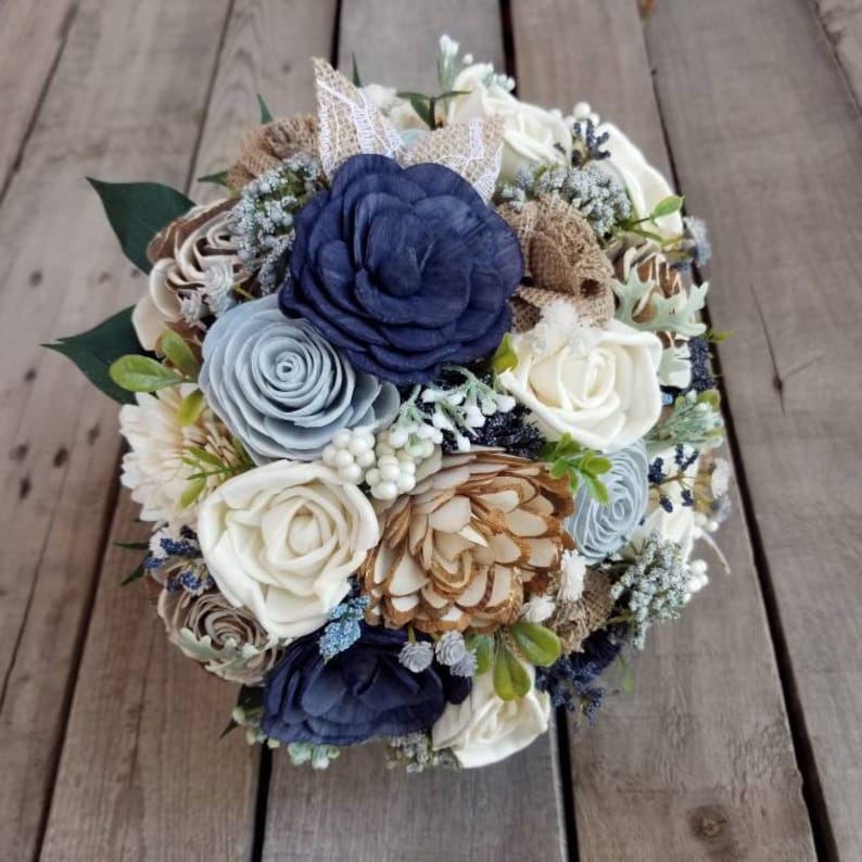 Rustic Navy and Dusty Blue with Burlap Sola Wood Flower Bouquet image 3