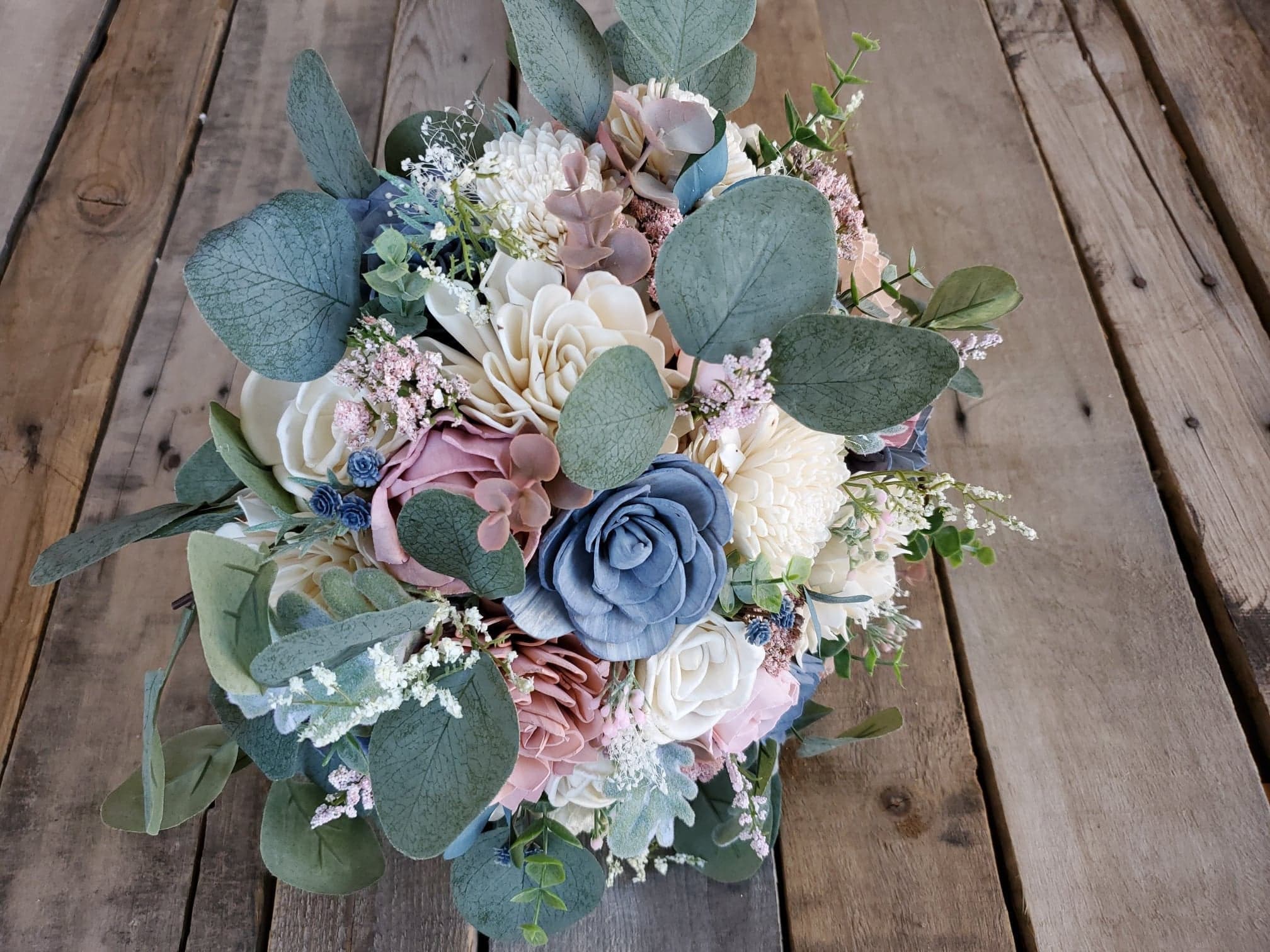 Slate Blue Blush Pink And Cream Wood Flower Bouquet With Etsy