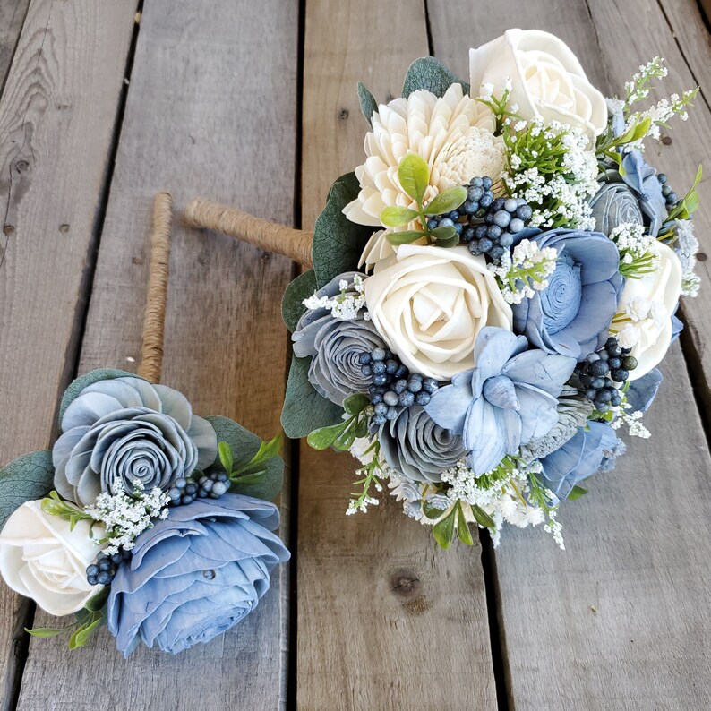 Dusty Blue Wood Flower Bouquet Slate Blue Bridal Bouquet Etsy