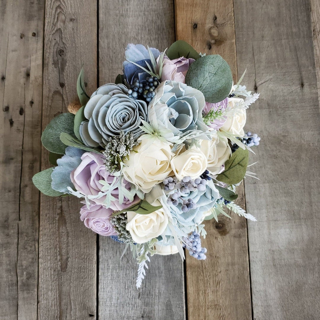 Dusty Blue and Lavender Wood Flower Bouquet, Beach Wedding Bouquet
