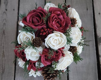 Burgundy Winter Wedding Bouquet with Wood Flowers and Pine Cones, Wooden Bridal Bouquet