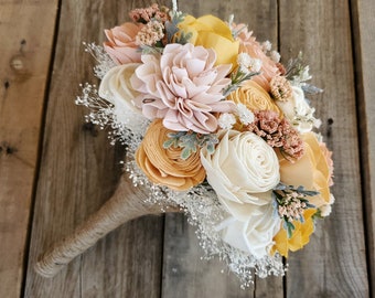 Wood Flower Bouquet, Summer Wedding Bouquet, Spring Bridal Bouquet, Peach Wedding Flowers, Wooden Bride Bouquet