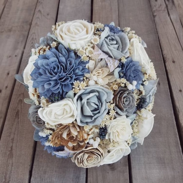 Dusty Blue Wedding Bouquet with Sola Wood Flowers, Rustic Wooden Bridal Bouquet, Bridesmaid Bouquet for Barn Wedding