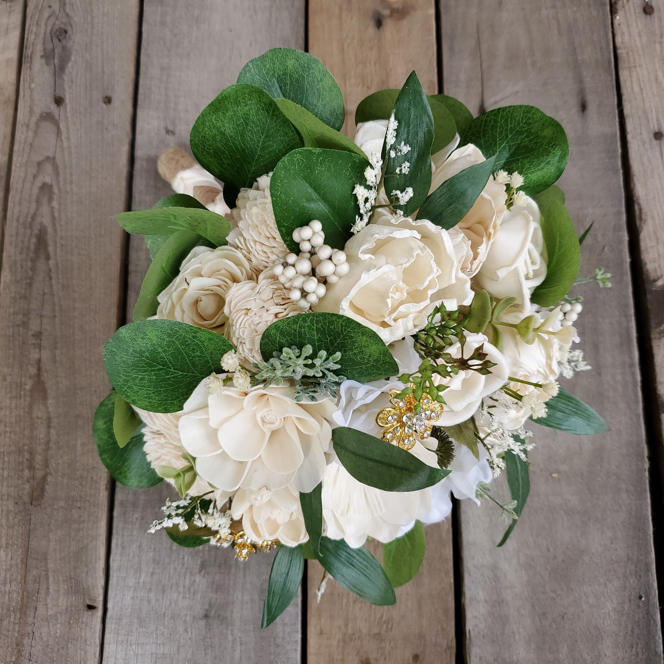 Premium Cream Wood Flower Bouquet with Hydrangea, Silver