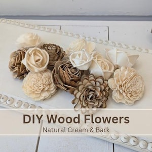 Sola Wood Flowers for Crafting in Natural Cream & Bark, DIY Wooden Flowers for Wedding Cake, Bouquets, Corsage, and Boutonnieres, Craft Kit