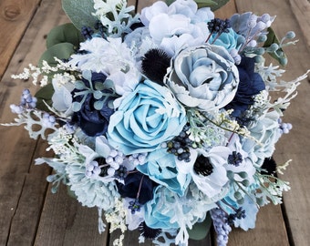 Navy Blue, Ice Blue, and Dusty Blue Sola Wood Flower Bouquet with Silk Flower Anemones