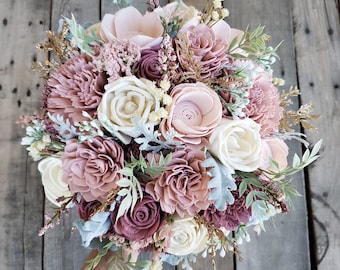 Mauve Wood Flower Bouquet, Dusty Rose Sola Wood Flowers, Artificial Bridal Bouquet, Mauve Wedding Flowers