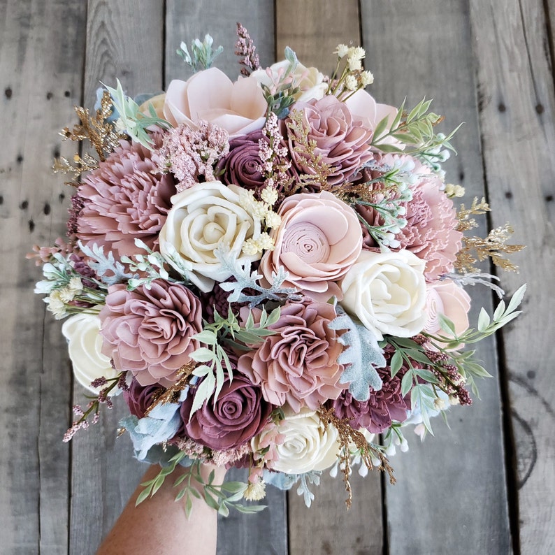 Mauve Wood Flower Bouquet, Dusty Rose Sola Wood Flowers, Artificial Bridal Bouquet, Mauve Wedding Flowers image 1