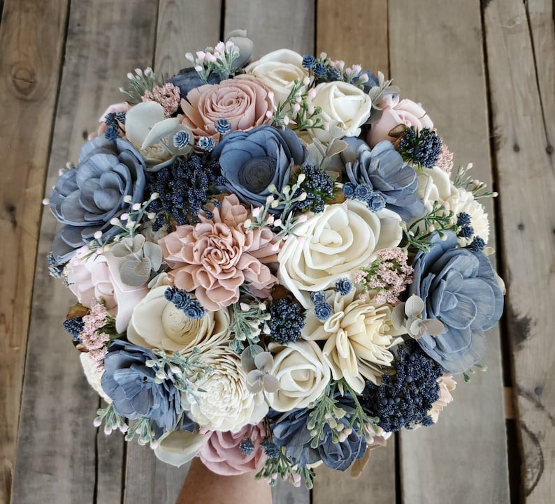 and Lambs Ear and Cream Flowers Eucalyptus Dusty Miller READY TO SHIP Wood Flower Bouquet with Slate Blue Blush Pink bridal bouquet