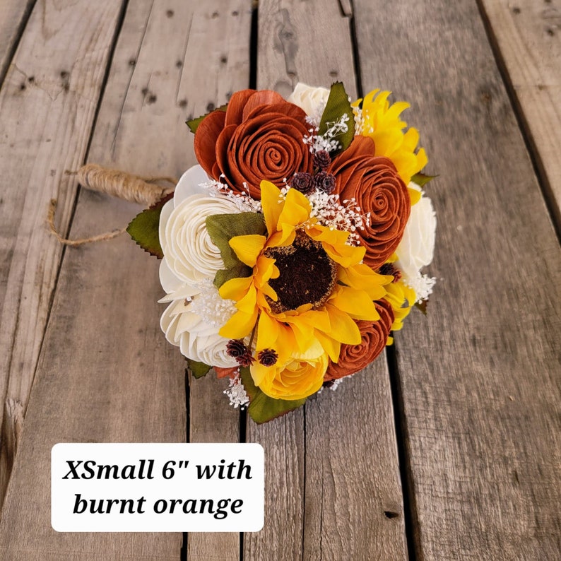 Wood Flower Bouquet with Sunflowers, Sunflower Bridal Bouquet, Wooden Flower Bouquet, Fall Wedding Bouquet, Sola Wood Flowers image 3