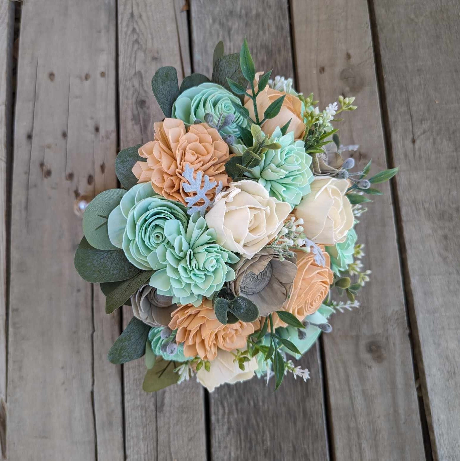 w.o.d.　F.L.O.W.E.R.S. Wood Flower Bouquet, Peach Wedding Bouquet, Peach and Mint