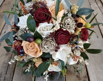 Wooden Flower Bouquet for Wedding, Burgundy Bridal Bouquet, Fall Wedding Flowers for Bridesmaid