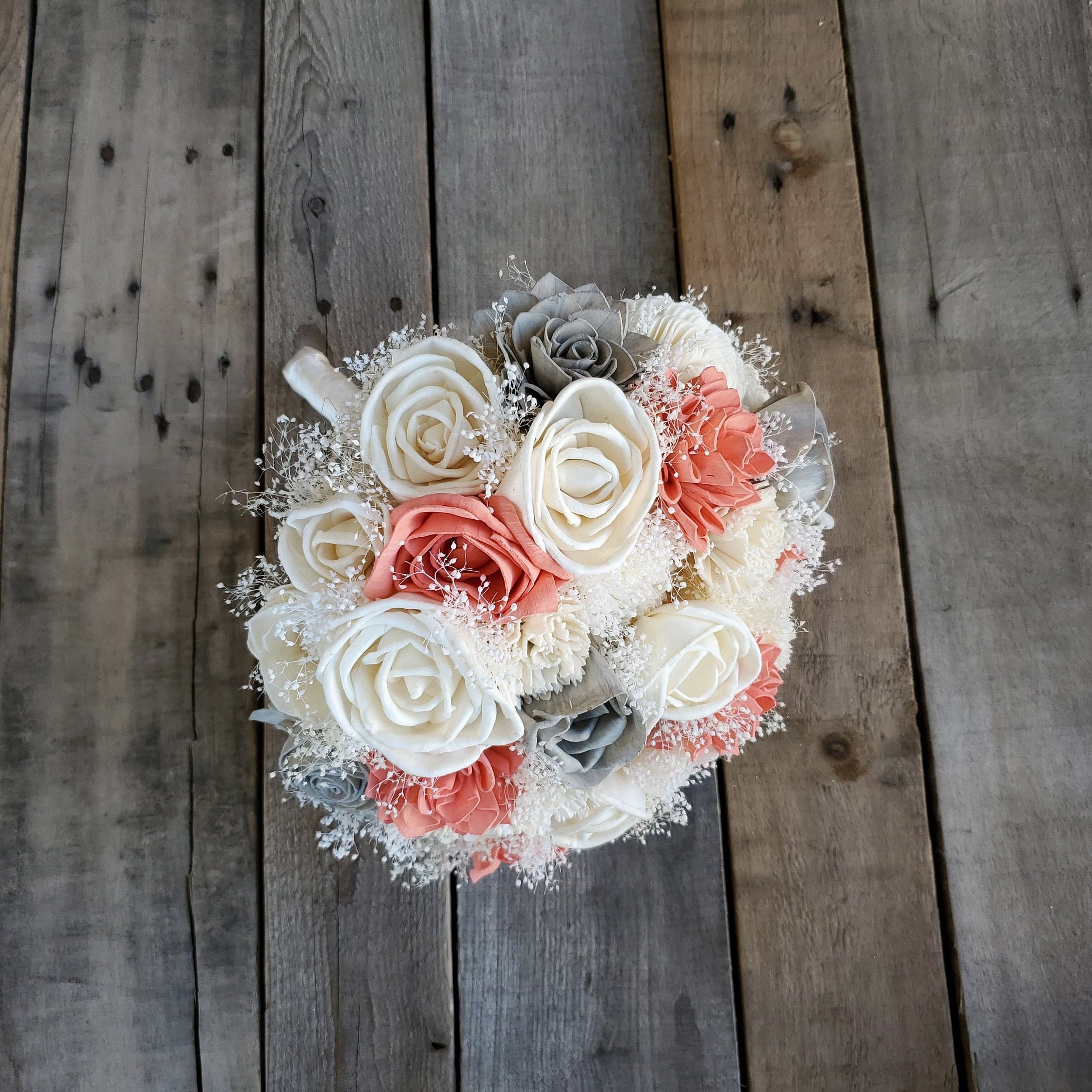 Wood Flower Bouquet with Baby's Breath and 2 Color Options ...