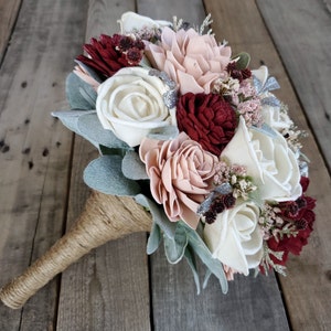 Burgundy and Blush Sola Wood Flower Bouquet, Bride and Bridesmaid Floral Wedding Bouquet