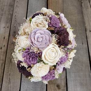 Wood Flower Bouquet, Lavender Bridal Bouquet, Wooden Flower Bouquet, Plum Wedding Bouquets, Wood Wedding Flowers, Bridesmaid Bouquet