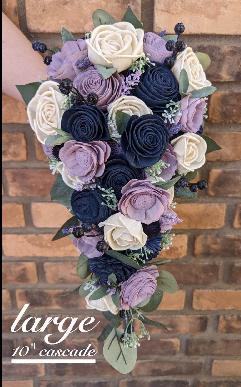 Lavender and Navy Wedding Bouquet, Sola Wood Flower Bouquet, Artificial Flower Bouquet, Wedding Decor image 5