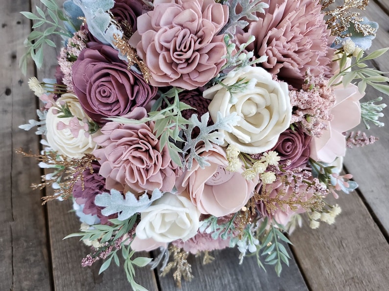 Mauve Wood Flower Bouquet, Dusty Rose Sola Wood Flowers, Artificial Bridal Bouquet, Mauve Wedding Flowers image 5