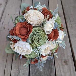 Fall Wedding Bouquet, Wood Flower Bouquet, Rust and Sage Bridal Bouquet, Burnt Orange and Sage Wooden Flower Bouquet, Sola Wood Flowers image 3