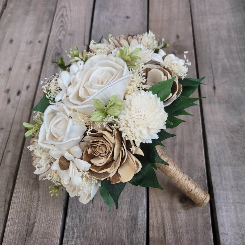 Wood Flower Bridal Bouquet, Rustic Wedding Bouquet, Natural Wooden Bride Bouquet, Sola Wood Wedding Flowers image 2