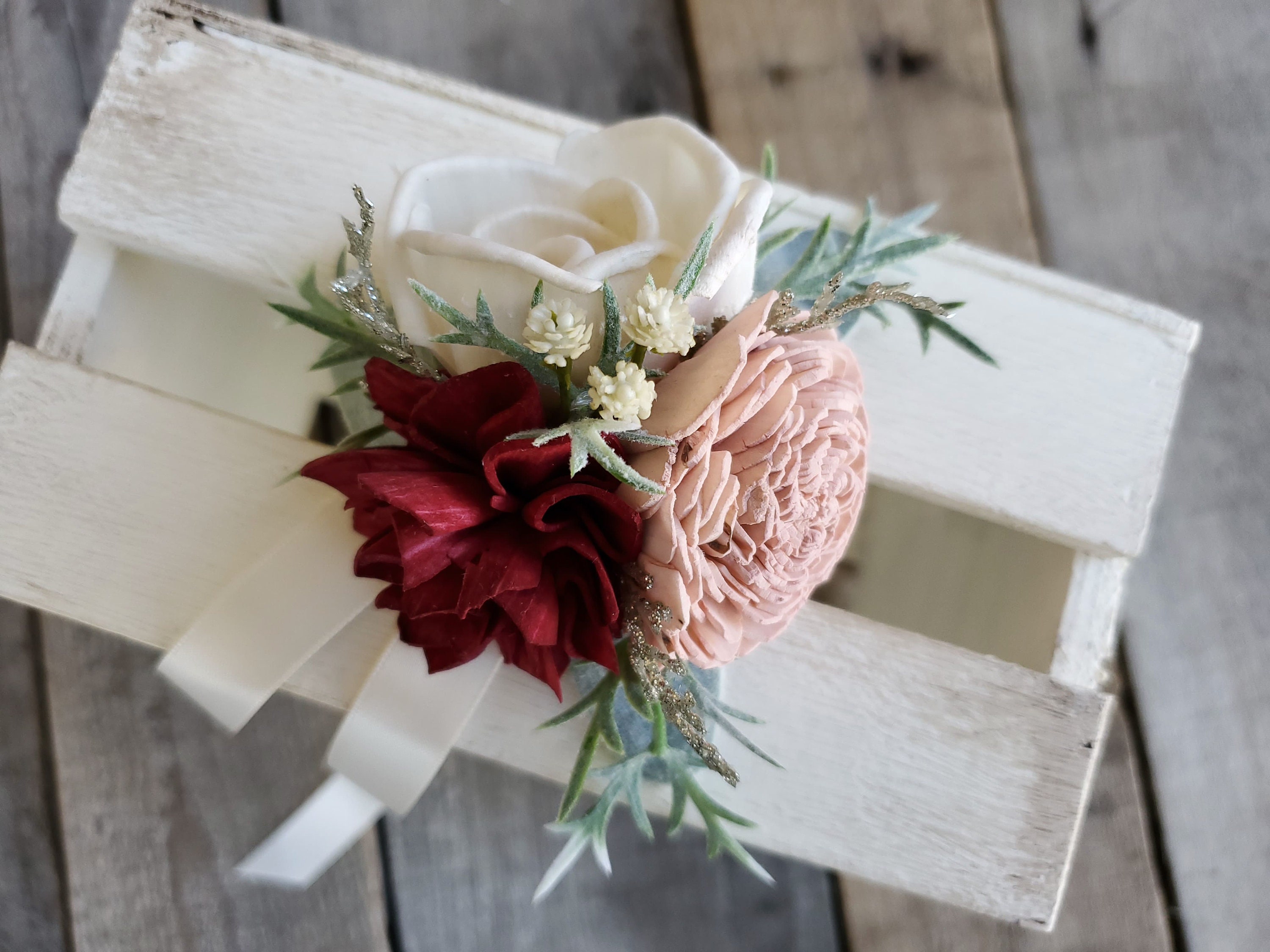 Wood Flower Wrist Corsage with Color Options, mother of the bride