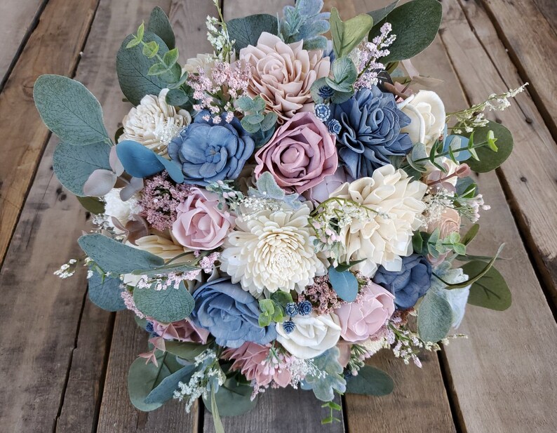 Wood Flower Bouquet Dusty Blue and Pink Wedding Bouquet Etsy