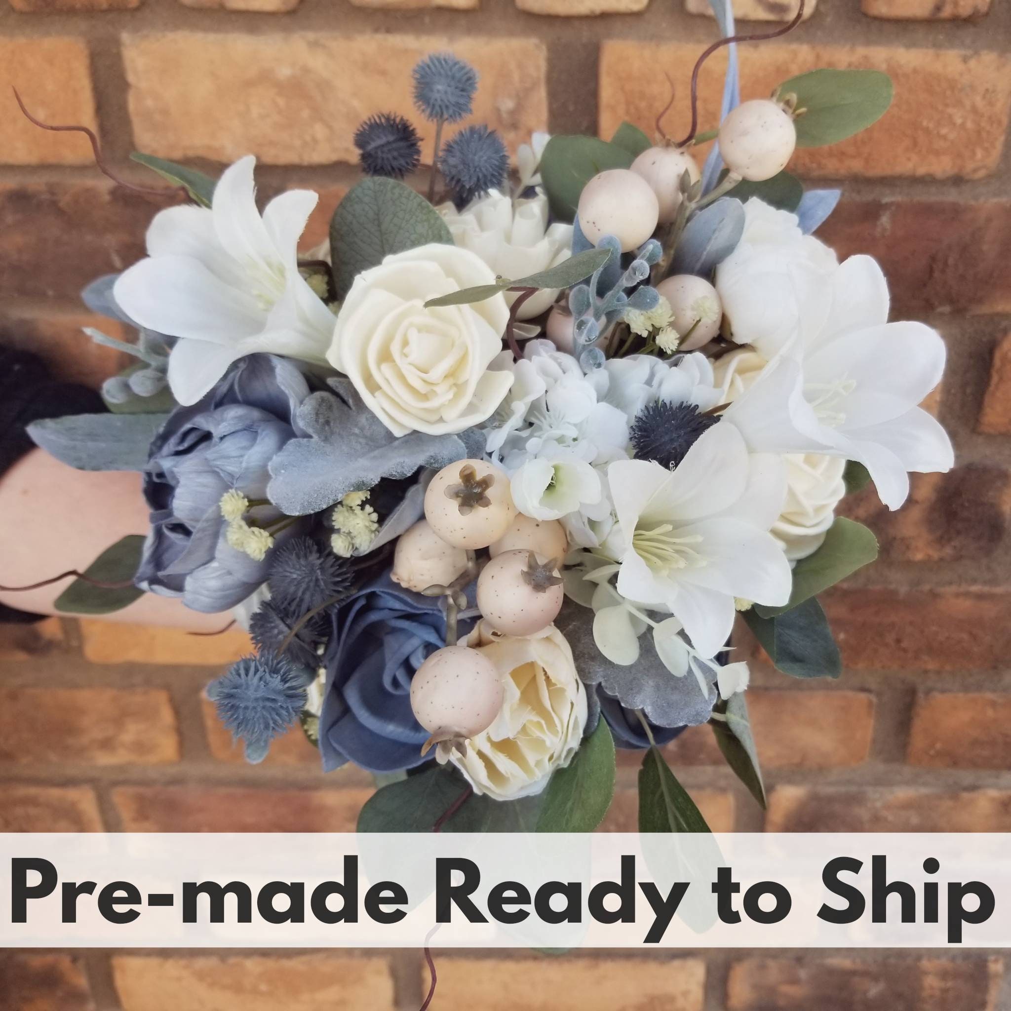 Sola Wood Flowers Slate Blue And Cream Wood Flower Bouquet With Silk Flower Lilies Silver Dollar Eucalyptus Bridal Bouquet Thistle