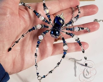 Stormy Beaded Christmas Spider Ornament: Stormy Blue Crystal Suncatcher