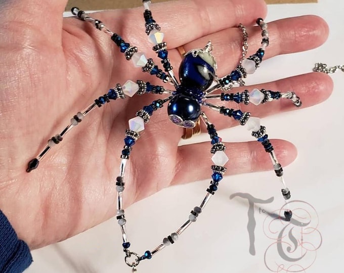 Stormy Beaded Christmas Spider Ornament: Stormy Blue Crystal Suncatcher