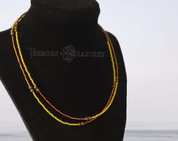 Necklace and Bracelet Set | Double strand necklace with braided bracelet | Sunny Yellow and Copper Seed Beads | Casual Beach Jewelry