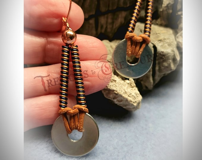 Handmade Wire Coil Earrings: Stainless Steel Washers, Leather Accents