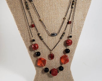 Three Layered Necklace Multi Strand Necklace of Red and Black Accents Unique Clasp designed for layering and interchanging necklaces