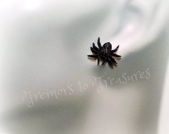 Spider Earrings | Black Glitter Spiders | Dangle or Post Style | Halloween Earrings | Spider Jewelry| Gothic Jewelry | Fantasy Jewelry