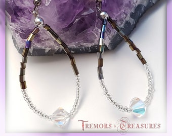 Rainbow Hematite and Silver Seedbead Hoop Earrings Crystal Hoop Earrings with AB Austrian Bicone Focal Teardrop Earrings Handmade Jewelry