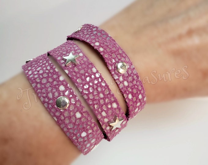 Studded Leather Cuff Three Strip or Mystery Braid BOHO Bracelet Metal Silver Stars and Round Studs Dotted Purple Suede  Handmade in the USA