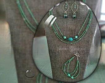 Gorgeous Green Jewelry Set | Coordinated Necklace Bracelet and Earrings | Faux Turquoise and Emerald Green Crystals | Handmade in the USA