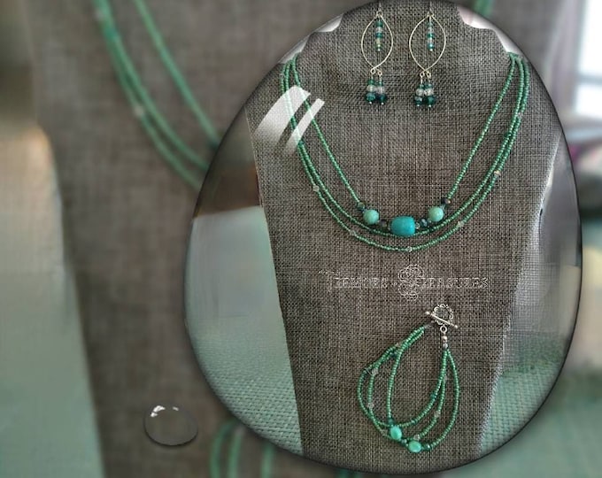 Gorgeous Green Jewelry Set | Coordinated Necklace Bracelet and Earrings | Faux Turquoise and Emerald Green Crystals | Handmade in the USA