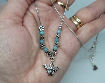 Nature Lovers Necklace | Silver Snake  Chain with Pearlescent Beads and Silver Flower accents | Butterfly | Honey Bee | Handmade in the USA
