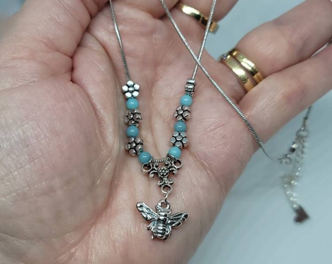 Nature Lovers Necklace | Silver Snake  Chain with Pearlescent Beads and Silver Flower accents | Butterfly | Honey Bee | Handmade in the USA