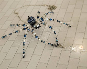 Beaded Christmas Spider Ornament: Stormy Blue Crystal Suncatcher