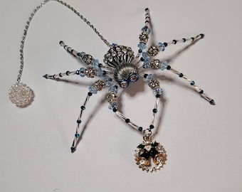 Fancy Pants Blue and Silver Christmas Spider | Christmas Ornament | Large Beaded Spider with Christmas Charm or  Sun-catching Crystal | Gift