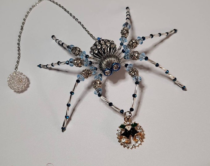 Fancy Pants Blue and Silver Christmas Spider | Christmas Ornament | Large Beaded Spider with Christmas Charm or  Sun-catching Crystal | Gift