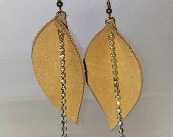 Natural Leather Leaf Earrings: Rhinestone Cupchain Dangle, Handmade