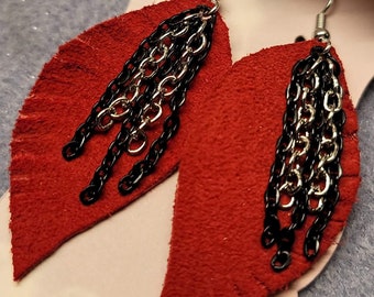 Fringed Red Leather Earrings with Black and Silver Chains | Natural Soft  Leather Earrings | Handmade in the USA