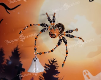 Halloween Spider Decoration: Handmade Beaded Spider with Ghost Charm
