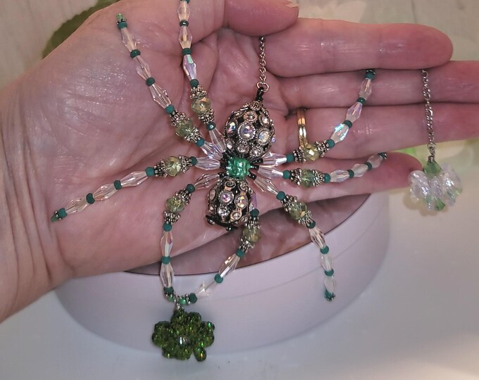 Handmade Green and Crystal Spider Ornament with Lucky Shamrock Charm