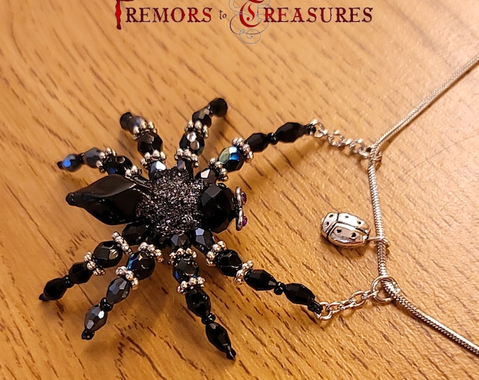 Crystal Spider Necklace: Black Czech Glass, Silver Ladybug Charm