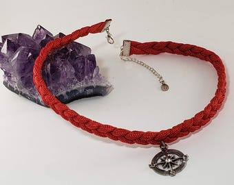 Braided Cord Necklace with Silver Compass Charm | Red Paracord | Adjustable Necklace | Nautical Jewelry | Choker Length | Handmade in USA