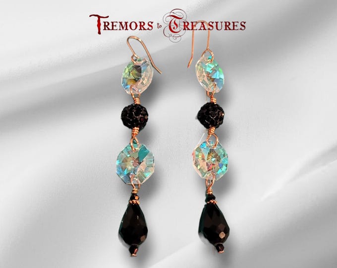 Elegant Long Black and Crystal Earrings | Faceted AB Crystals | Black Faceted Teardrop Beads | Copper Accents | Special Occasion Earrings