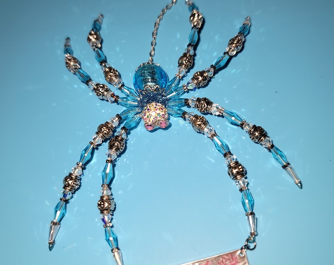 Handmade Crystal Spider Ornament: Turquoise & Silver 'Namaste' Decor