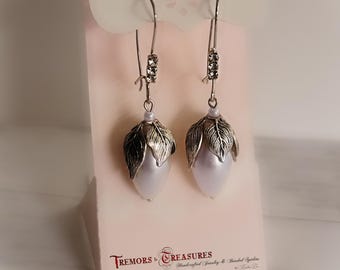 Swarovski Pearl Teardrop Earrings: Antique Silver Leaf, Rhinestone Earwires